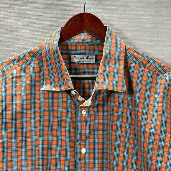 Corporate  Image for Tom James Shirt Mens XL Orange Blue Plaid Button Up - Picture 2 of 7
